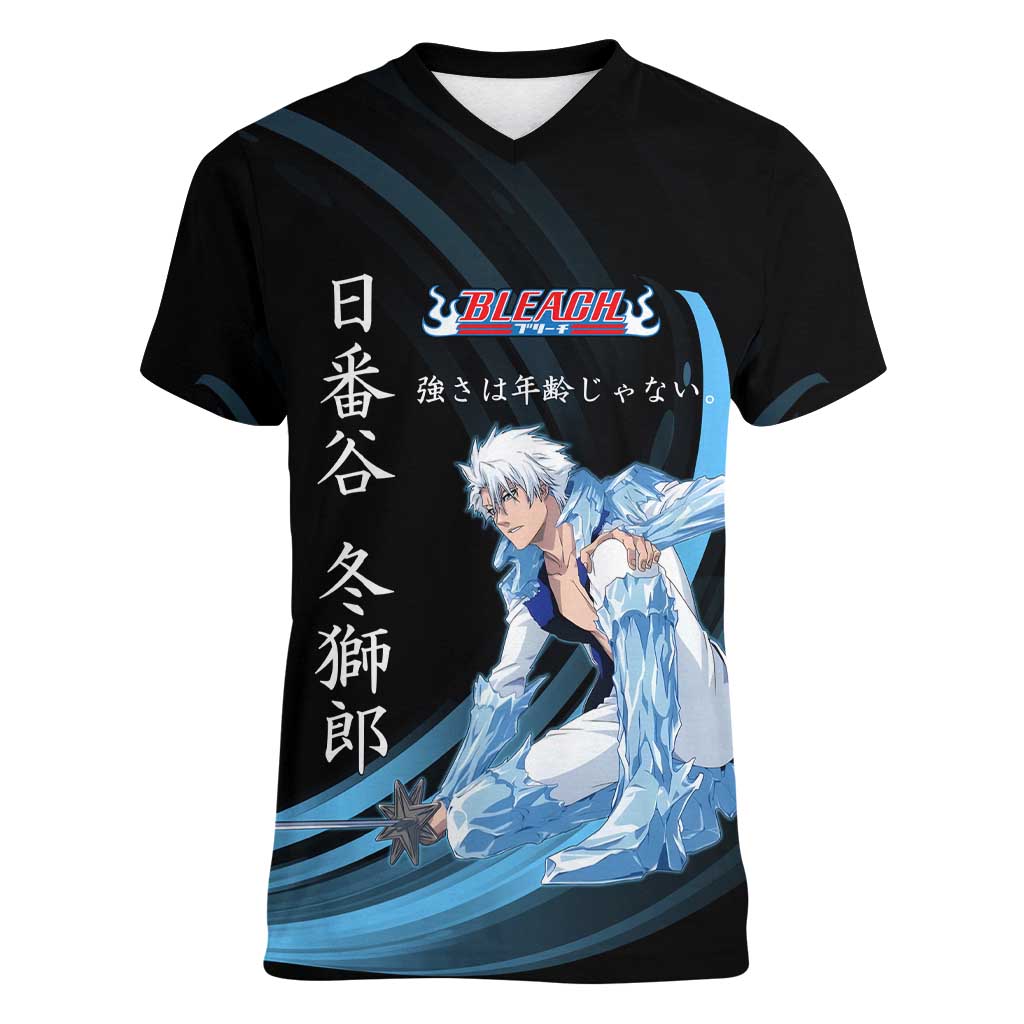 Toshiro Hitsugaya Bleach Anime Black and Blue Theme Women V-Neck T-Shirt with Ice Dragon Elements and Japanese Quote Design - The Mazicc