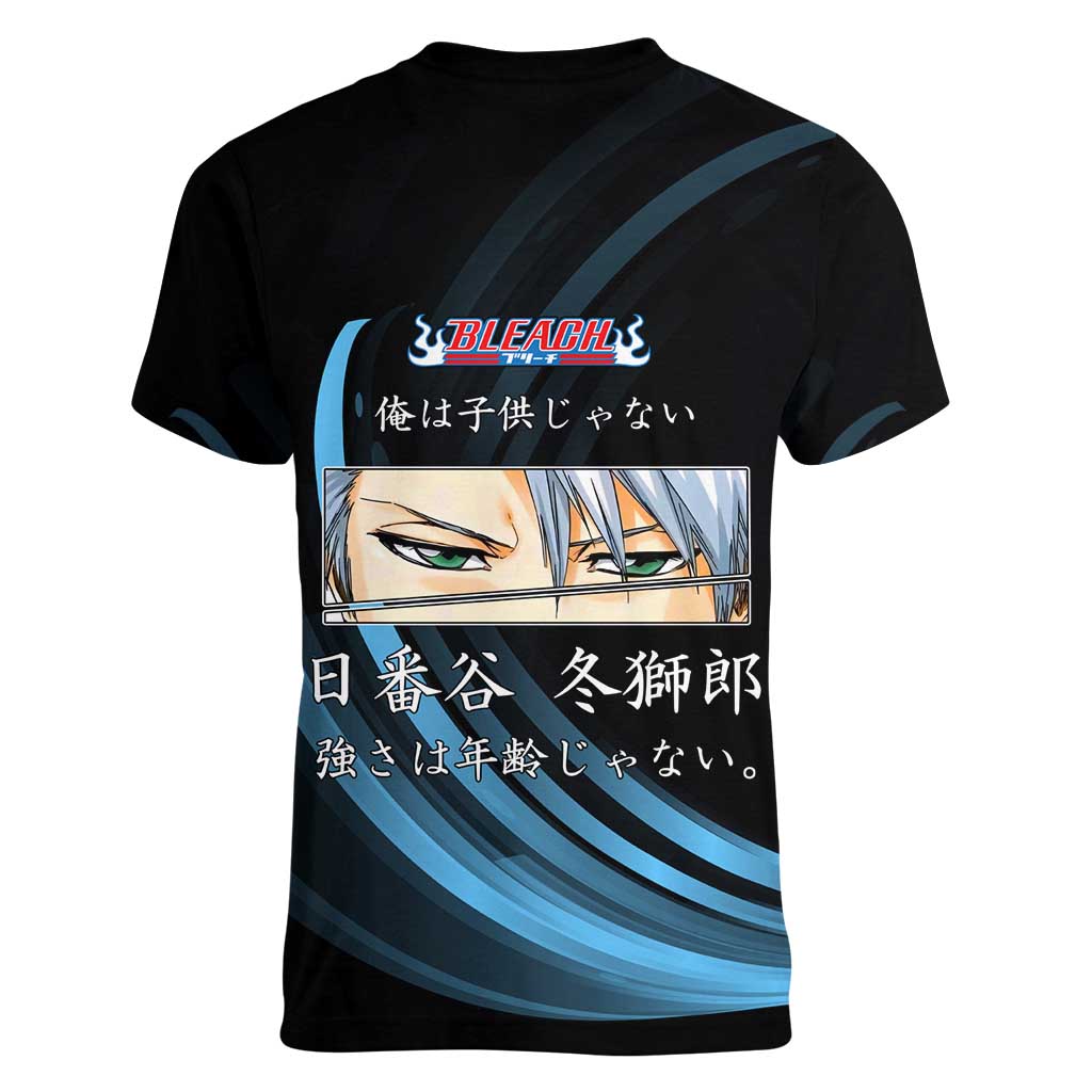 Toshiro Hitsugaya Bleach Anime Black and Blue Theme Women V-Neck T-Shirt with Ice Dragon Elements and Japanese Quote Design - The Mazicc