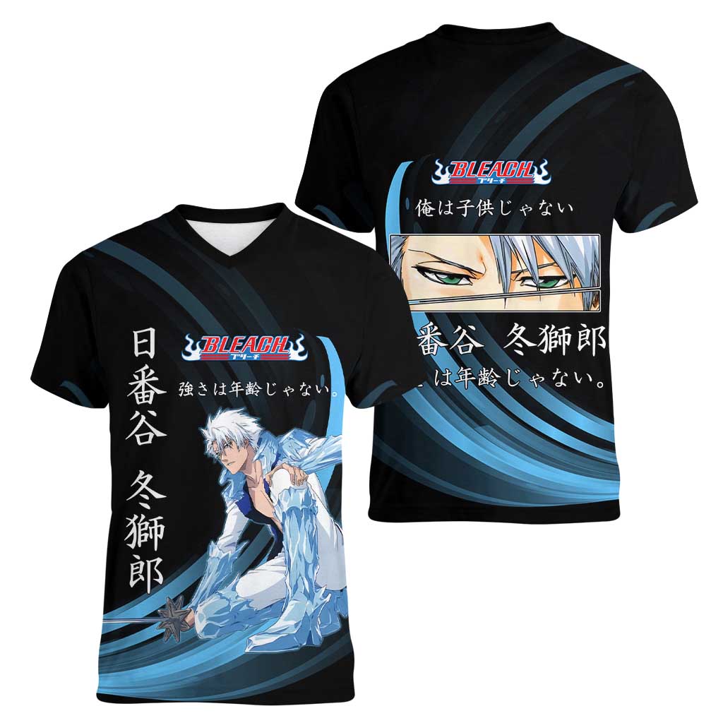 Toshiro Hitsugaya Bleach Anime Black and Blue Theme Women V-Neck T-Shirt with Ice Dragon Elements and Japanese Quote Design - The Mazicc