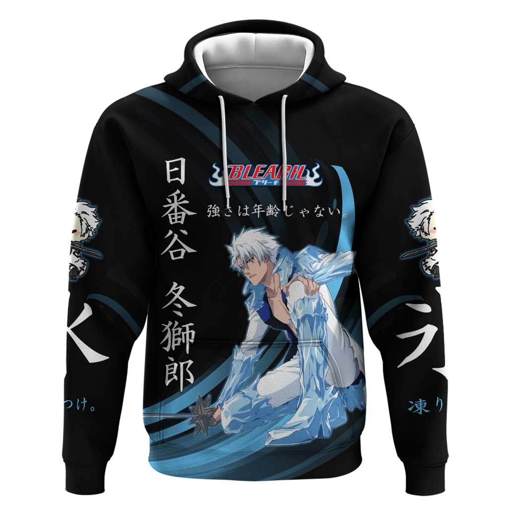 Toshiro Hitsugaya Bleach Anime Black and Blue Theme Zip Hoodie with Ice Dragon Elements and Japanese Quote Design - The Mazicc