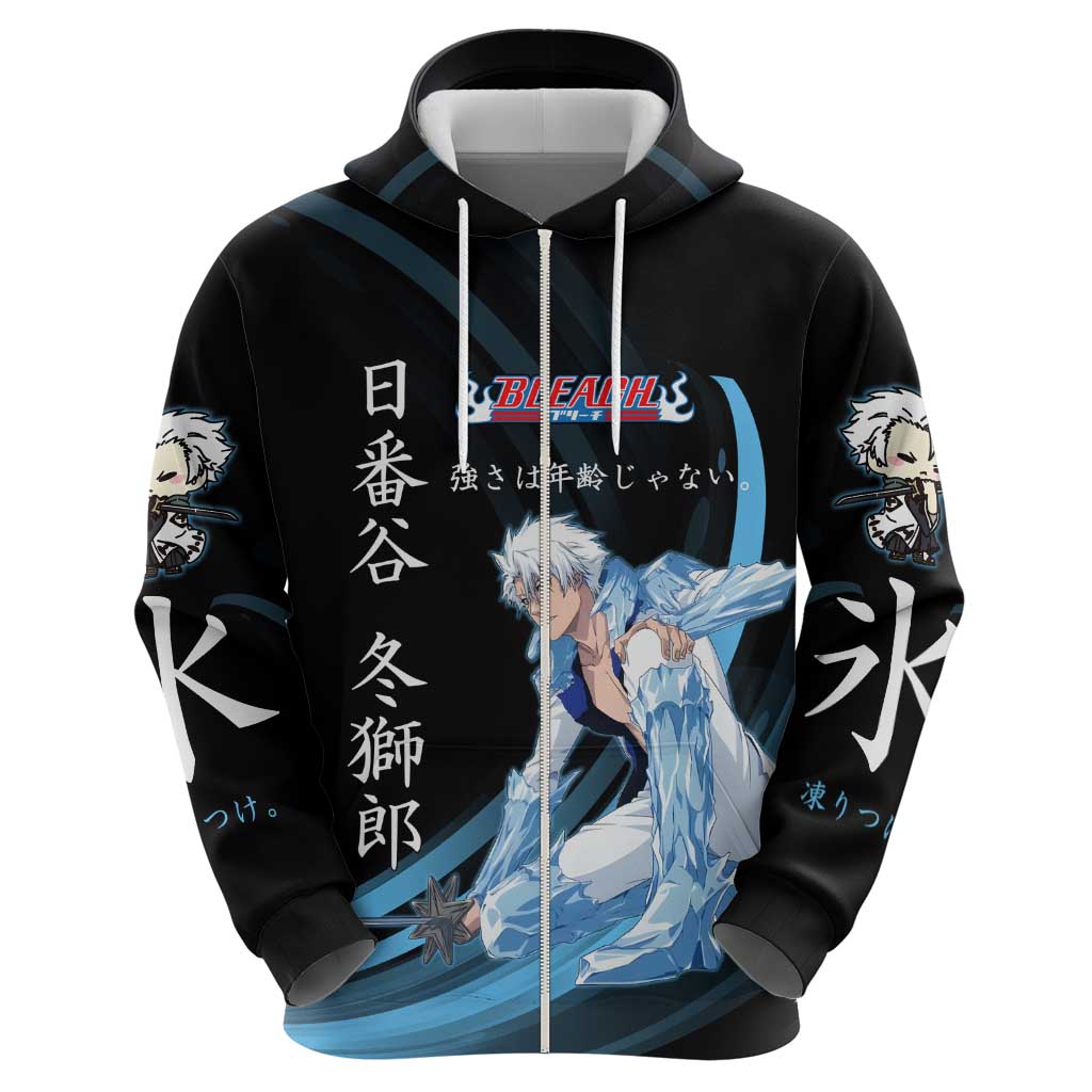 Toshiro Hitsugaya Bleach Anime Black and Blue Theme Zip Hoodie with Ice Dragon Elements and Japanese Quote Design - The Mazicc
