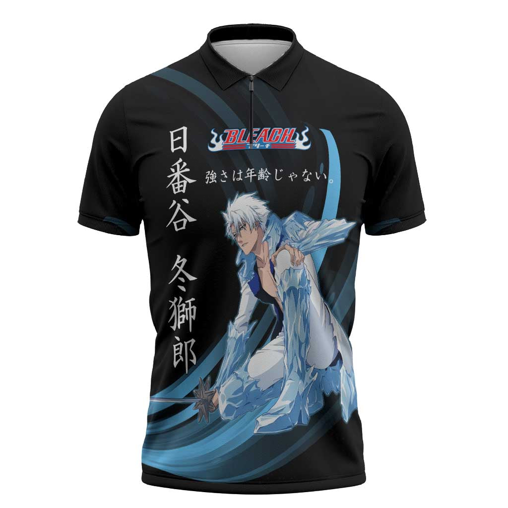 Toshiro Hitsugaya Bleach Anime Black and Blue Theme Zipper Polo Shirt with Ice Dragon Elements and Japanese Quote Design - The Mazicc