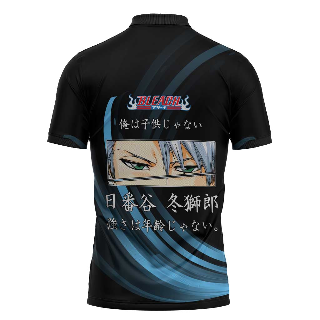 Toshiro Hitsugaya Bleach Anime Black and Blue Theme Zipper Polo Shirt with Ice Dragon Elements and Japanese Quote Design - The Mazicc
