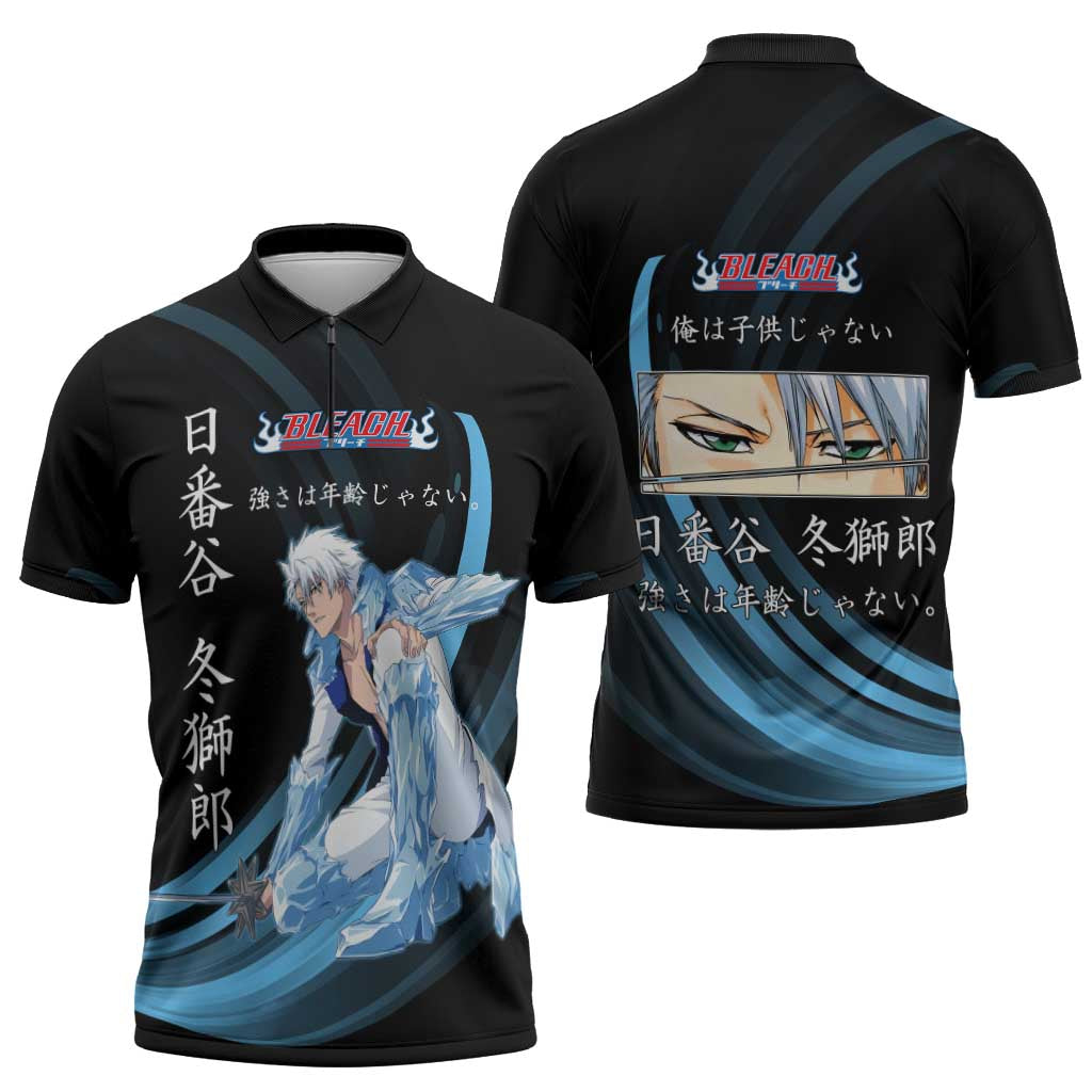 Toshiro Hitsugaya Bleach Anime Black and Blue Theme Zipper Polo Shirt with Ice Dragon Elements and Japanese Quote Design - The Mazicc