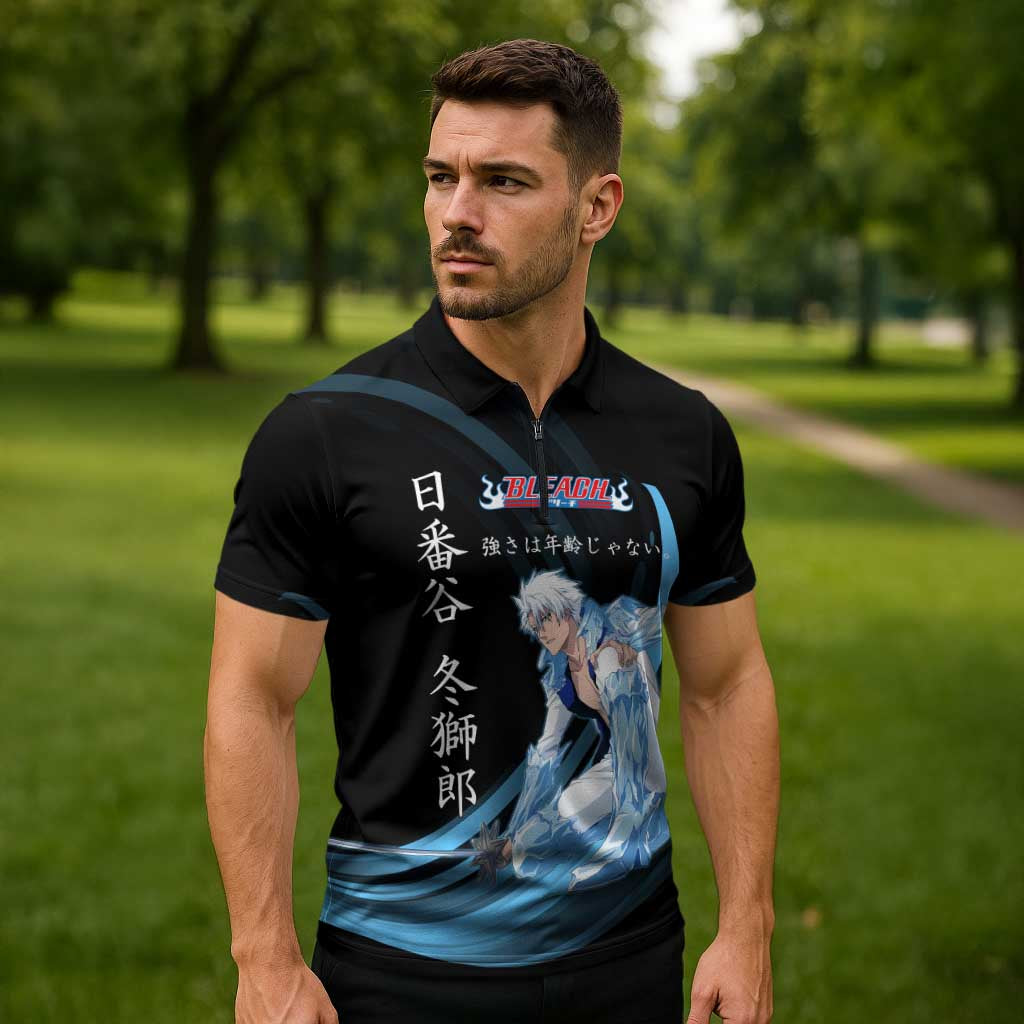 Toshiro Hitsugaya Bleach Anime Black and Blue Theme Zipper Polo Shirt with Ice Dragon Elements and Japanese Quote Design - The Mazicc
