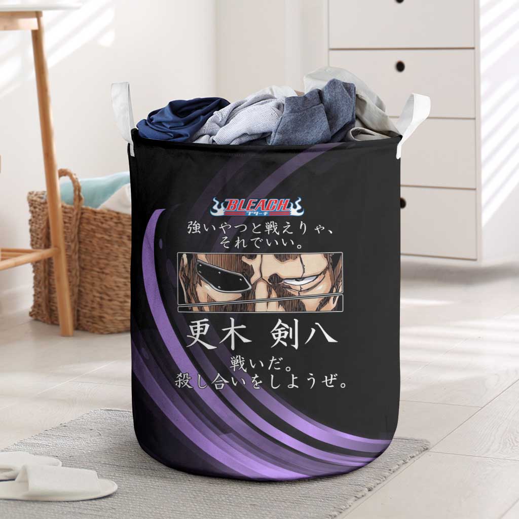 Kenpachi Zaraki Bleach Anime Black and Purple Theme Laundry Basket with Battle Stance and Japanese Quote Design - The Mazicc