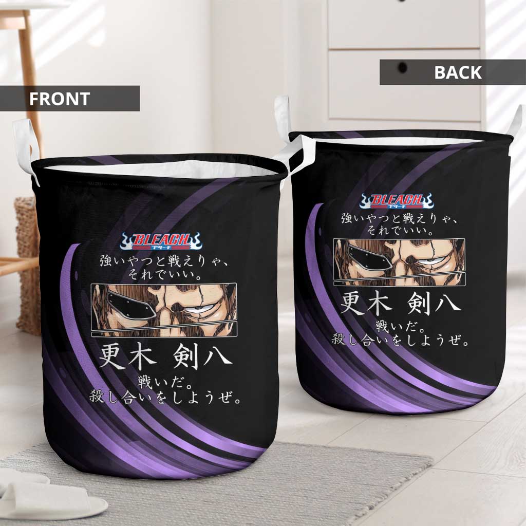 Kenpachi Zaraki Bleach Anime Black and Purple Theme Laundry Basket with Battle Stance and Japanese Quote Design - The Mazicc