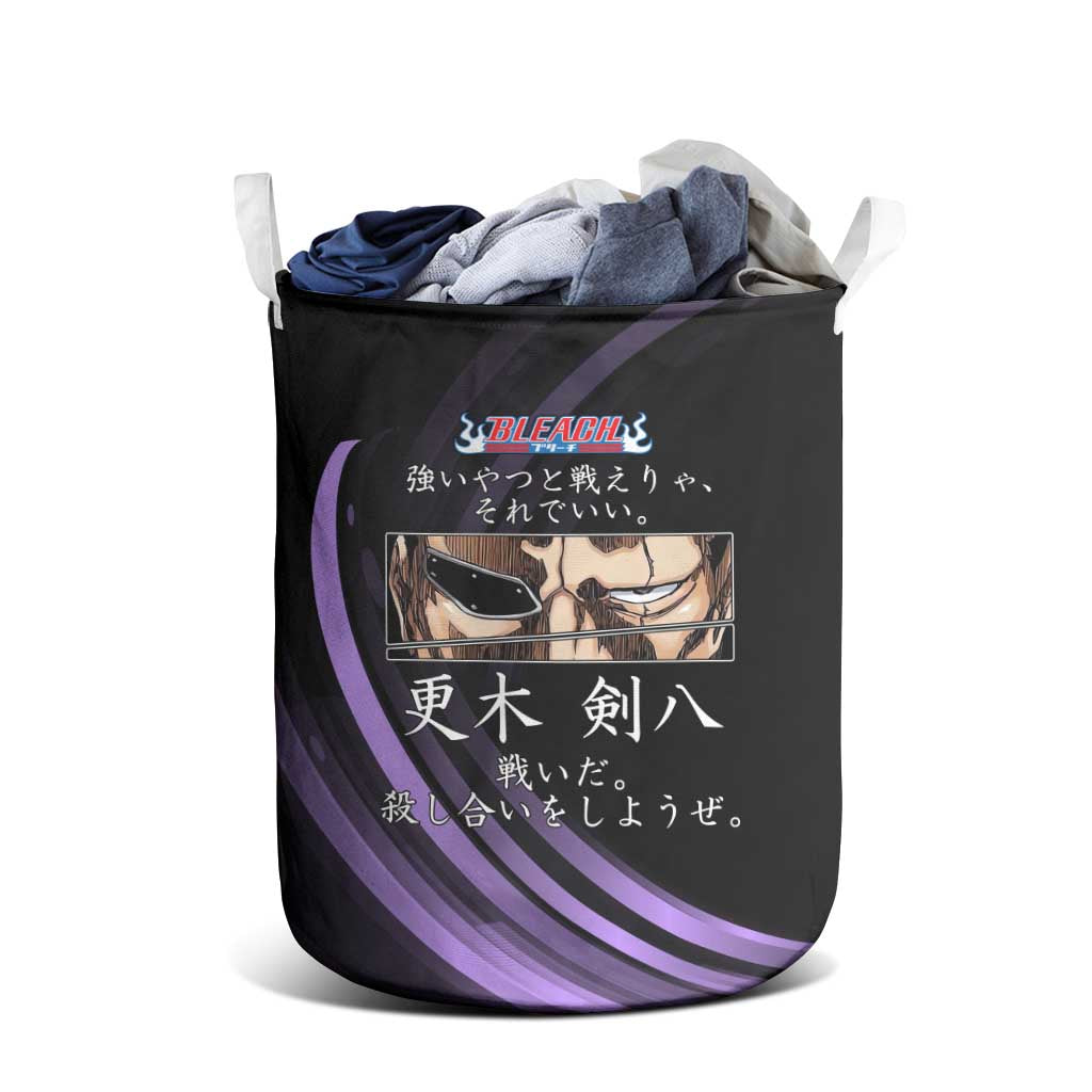 Kenpachi Zaraki Bleach Anime Black and Purple Theme Laundry Basket with Battle Stance and Japanese Quote Design - The Mazicc