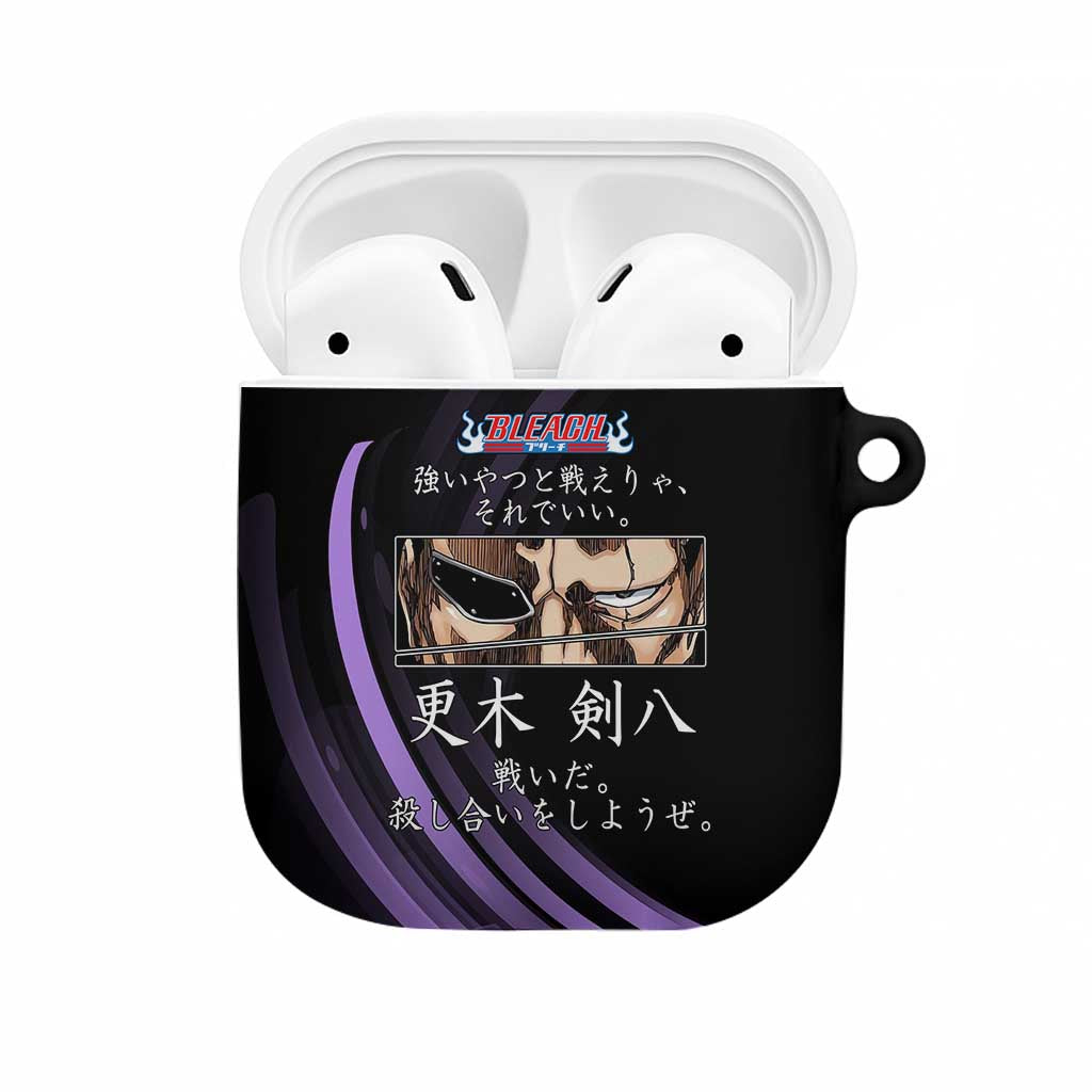 Kenpachi Zaraki Bleach Anime Black and Purple Theme AirPods Case with Battle Stance and Japanese Quote Design - The Mazicc