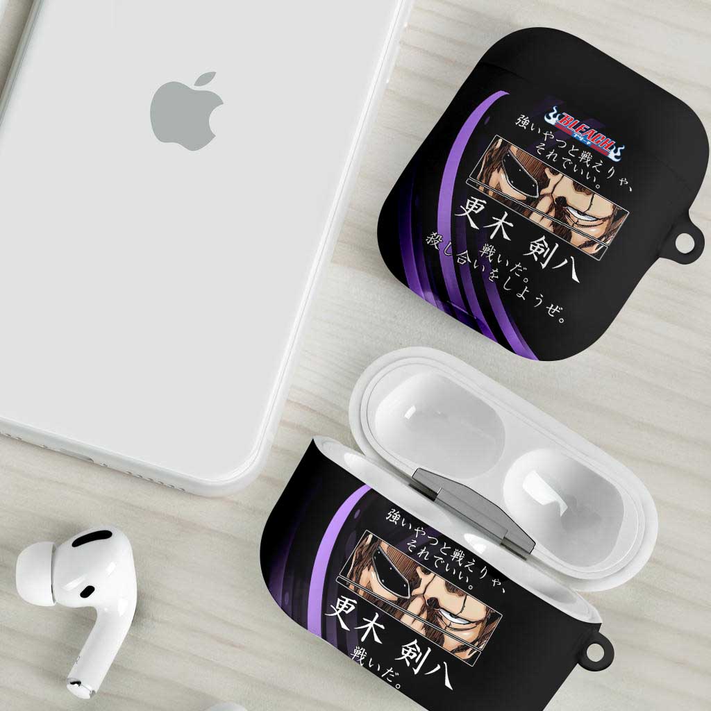 Kenpachi Zaraki Bleach Anime Black and Purple Theme AirPods Case with Battle Stance and Japanese Quote Design - The Mazicc