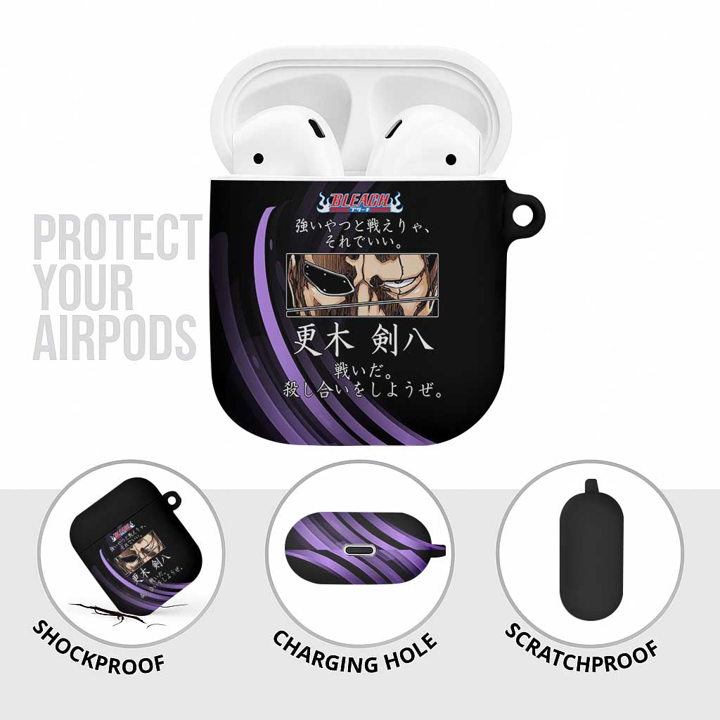 Kenpachi Zaraki Bleach Anime Black and Purple Theme AirPods Case with Battle Stance and Japanese Quote Design - The Mazicc
