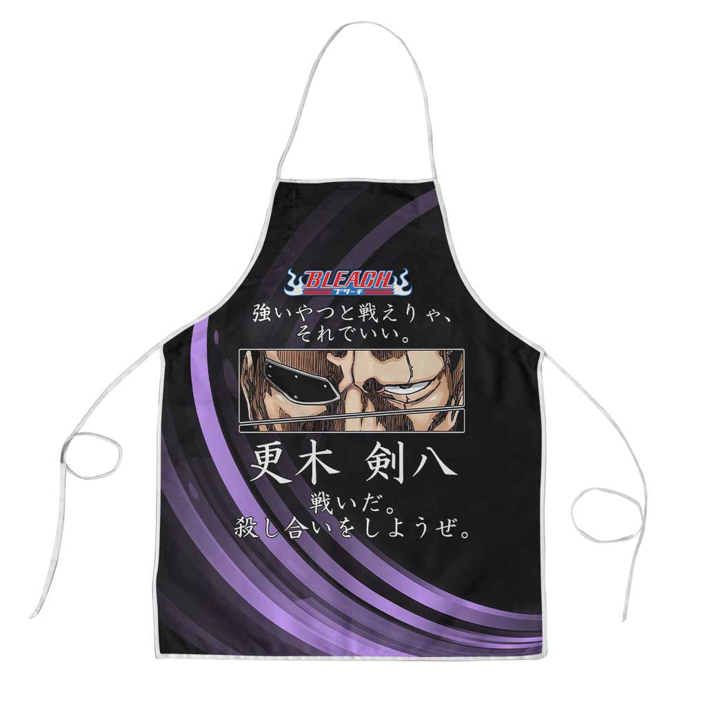 Kenpachi Zaraki Bleach Anime Black and Purple Theme Apron with Battle Stance and Japanese Quote Design - The Mazicc