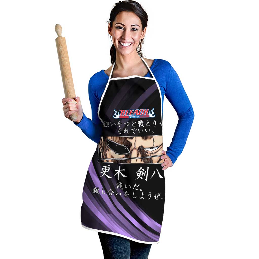 Kenpachi Zaraki Bleach Anime Black and Purple Theme Apron with Battle Stance and Japanese Quote Design - The Mazicc