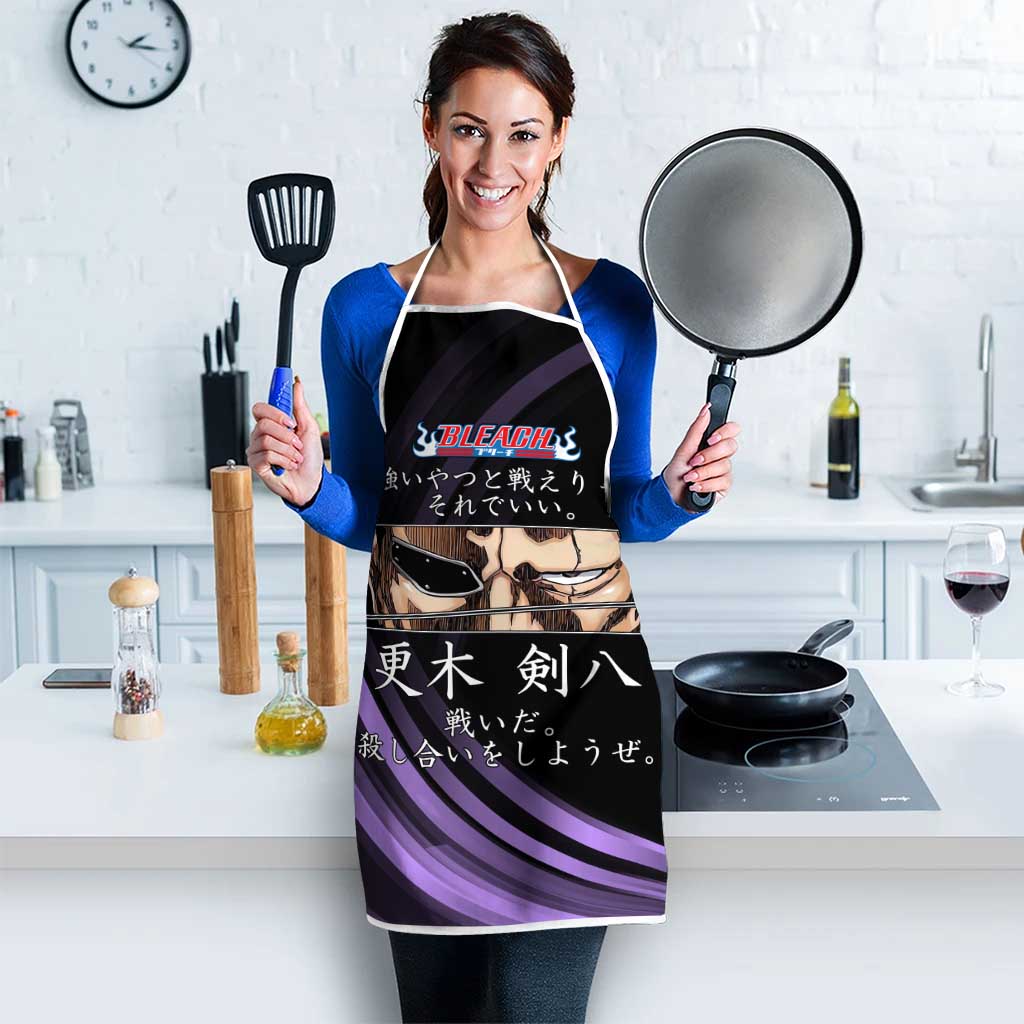 Kenpachi Zaraki Bleach Anime Black and Purple Theme Apron with Battle Stance and Japanese Quote Design - The Mazicc