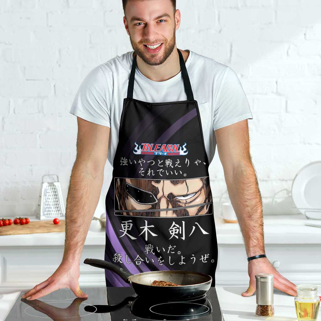 Kenpachi Zaraki Bleach Anime Black and Purple Theme Apron with Battle Stance and Japanese Quote Design - The Mazicc
