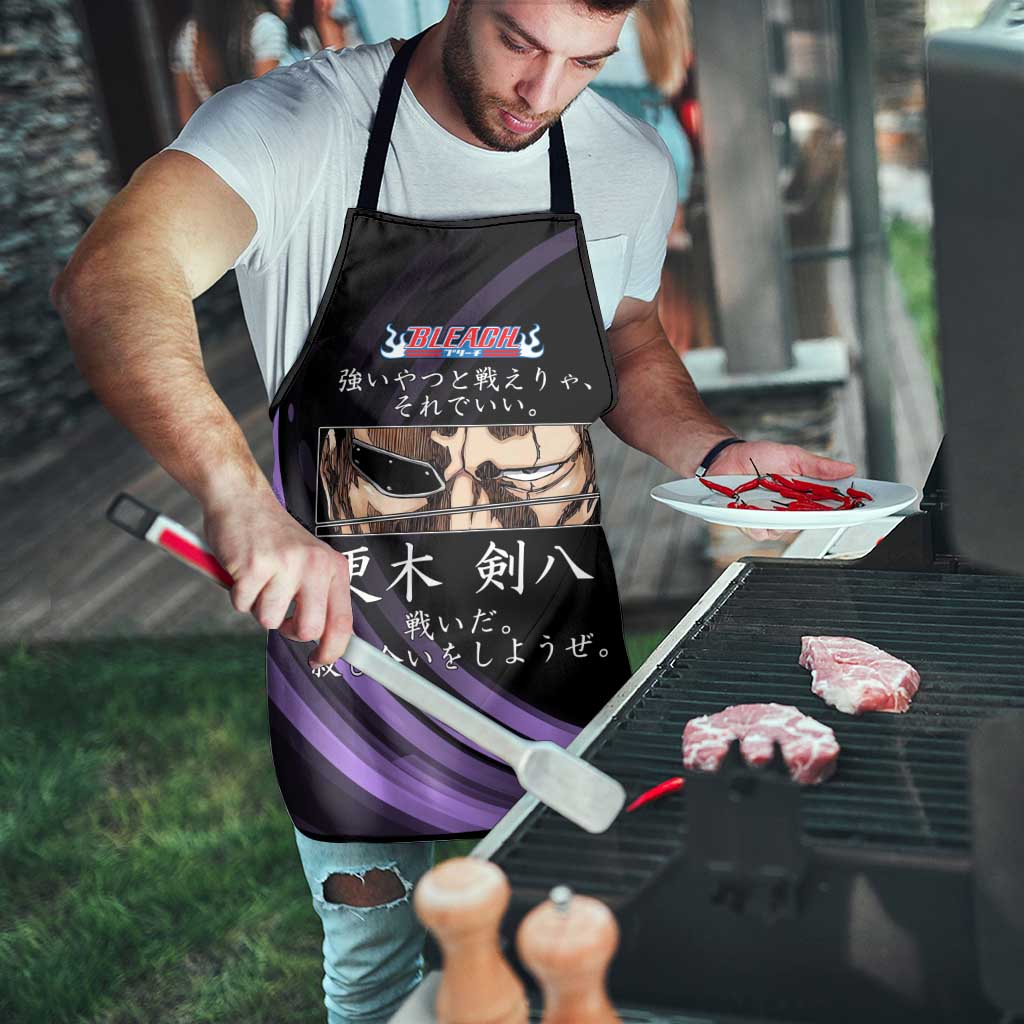 Kenpachi Zaraki Bleach Anime Black and Purple Theme Apron with Battle Stance and Japanese Quote Design - The Mazicc