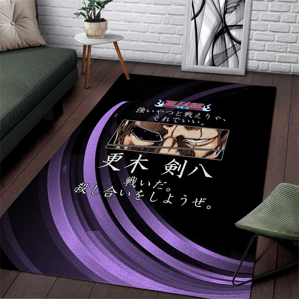 Kenpachi Zaraki Bleach Anime Black and Purple Theme Area Rug with Battle Stance and Japanese Quote Design - The Mazicc