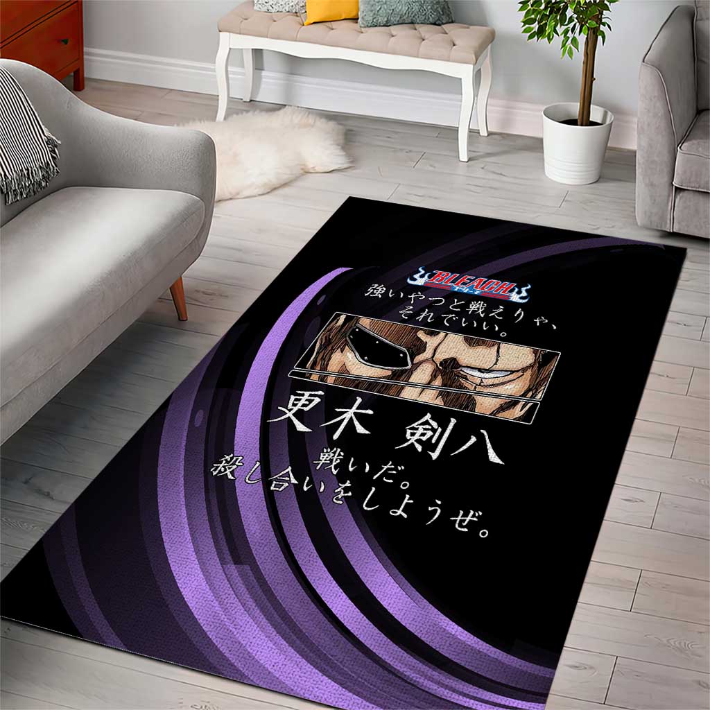 Kenpachi Zaraki Bleach Anime Black and Purple Theme Area Rug with Battle Stance and Japanese Quote Design - The Mazicc