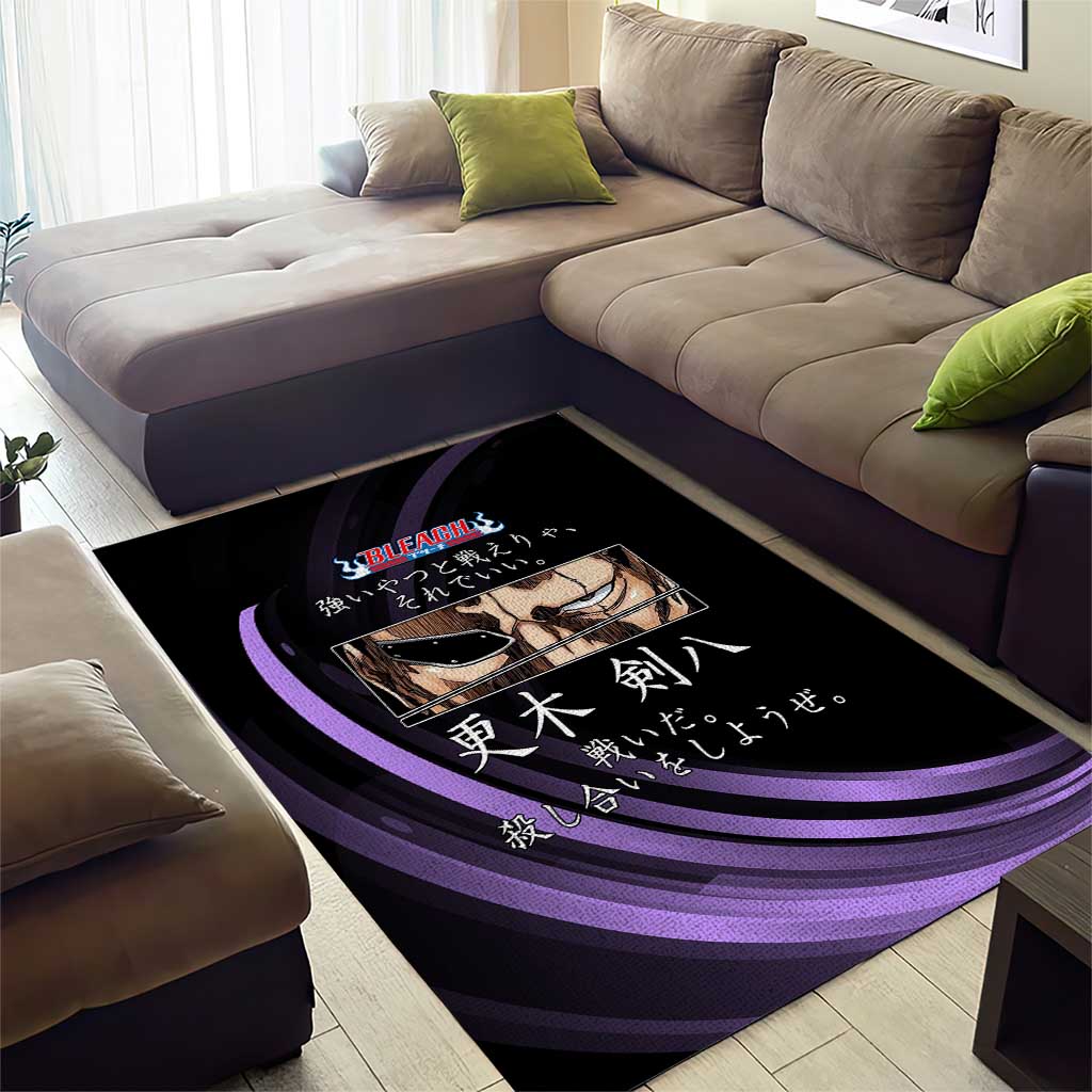 Kenpachi Zaraki Bleach Anime Black and Purple Theme Area Rug with Battle Stance and Japanese Quote Design - The Mazicc