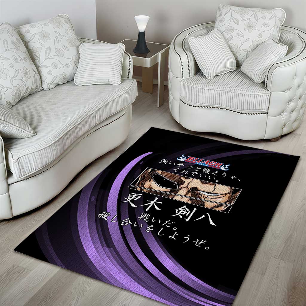 Kenpachi Zaraki Bleach Anime Black and Purple Theme Area Rug with Battle Stance and Japanese Quote Design - The Mazicc