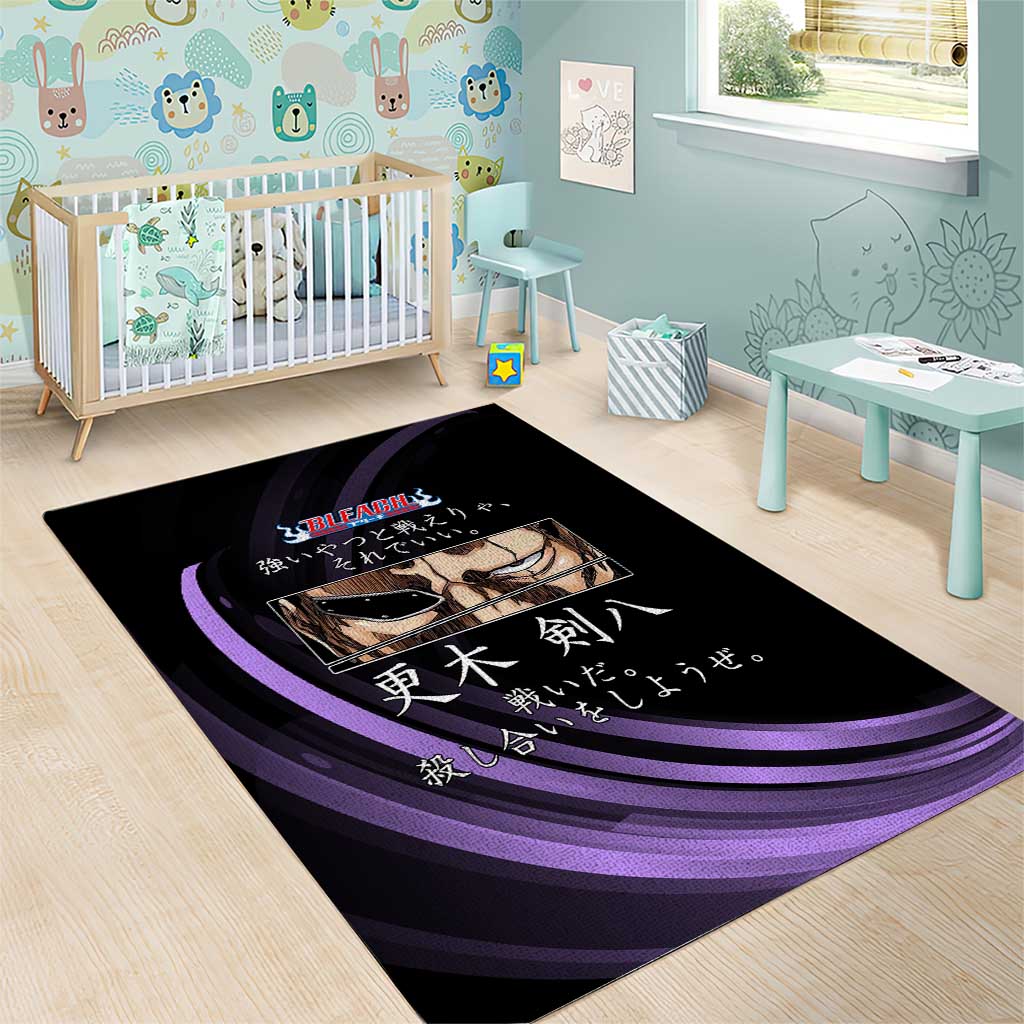 Kenpachi Zaraki Bleach Anime Black and Purple Theme Area Rug with Battle Stance and Japanese Quote Design - The Mazicc