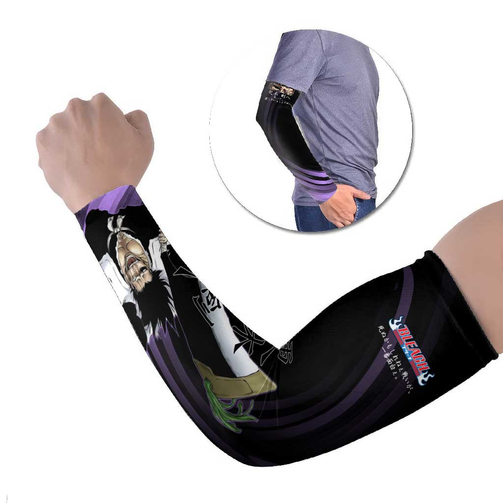 Kenpachi Zaraki Bleach Anime Black and Purple Theme Arm Sleeves with Battle Stance and Japanese Quote Design - The Mazicc