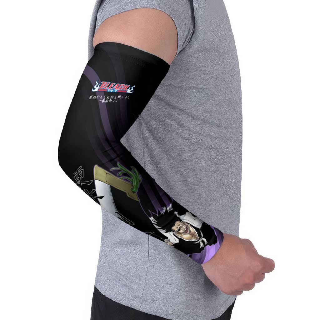Kenpachi Zaraki Bleach Anime Black and Purple Theme Arm Sleeves with Battle Stance and Japanese Quote Design - The Mazicc