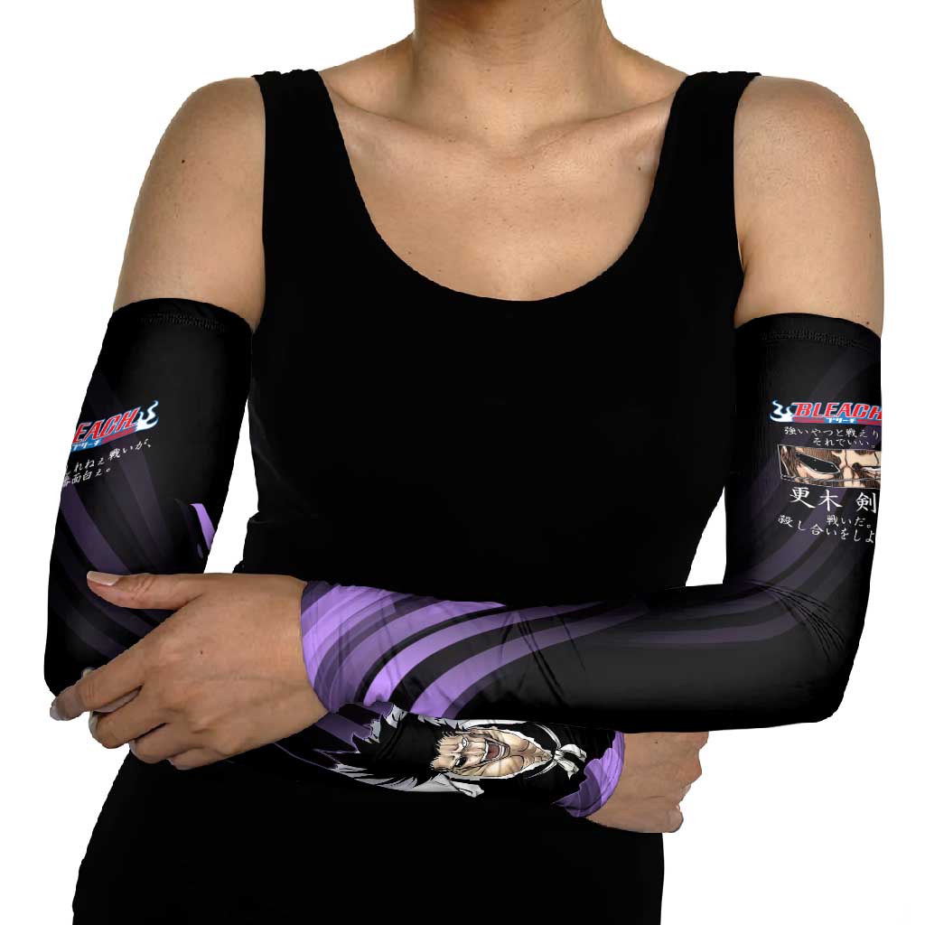 Kenpachi Zaraki Bleach Anime Black and Purple Theme Arm Sleeves with Battle Stance and Japanese Quote Design - The Mazicc