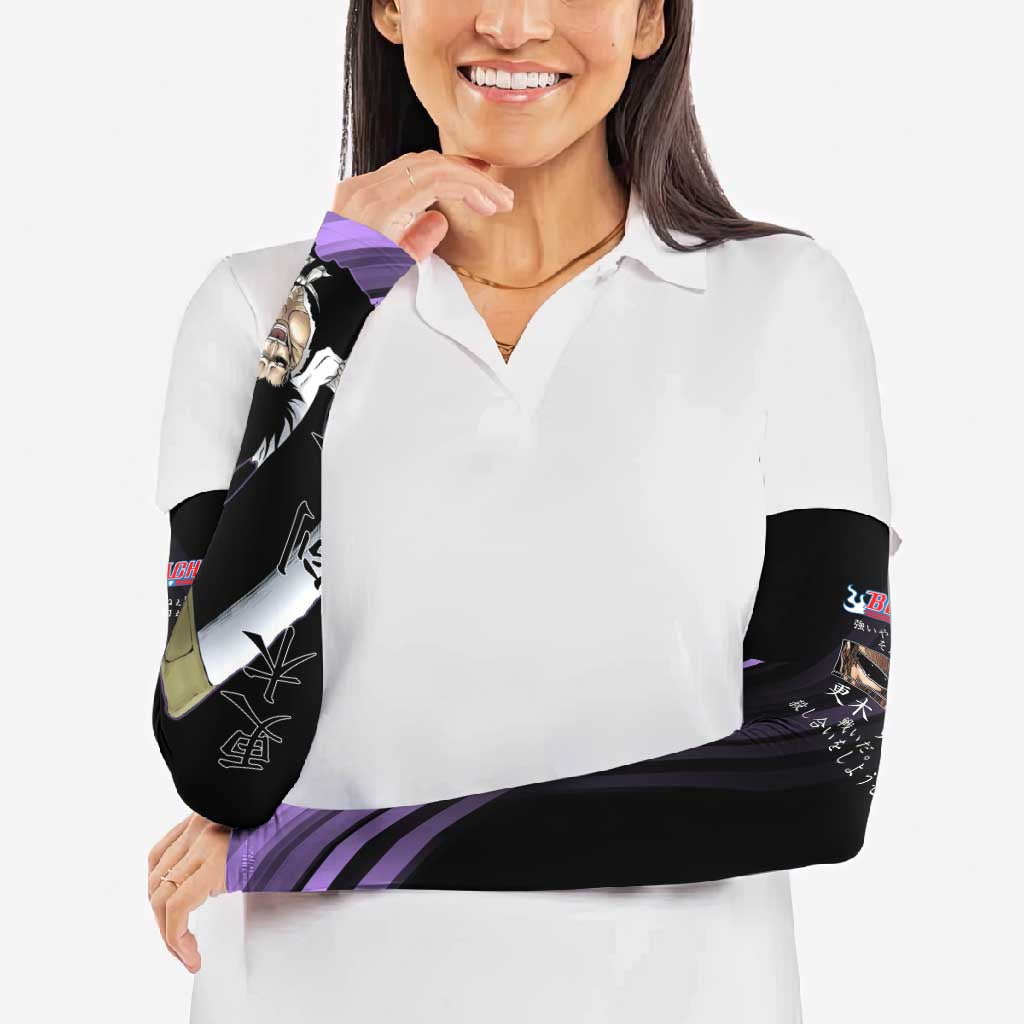 Kenpachi Zaraki Bleach Anime Black and Purple Theme Arm Sleeves with Battle Stance and Japanese Quote Design - The Mazicc
