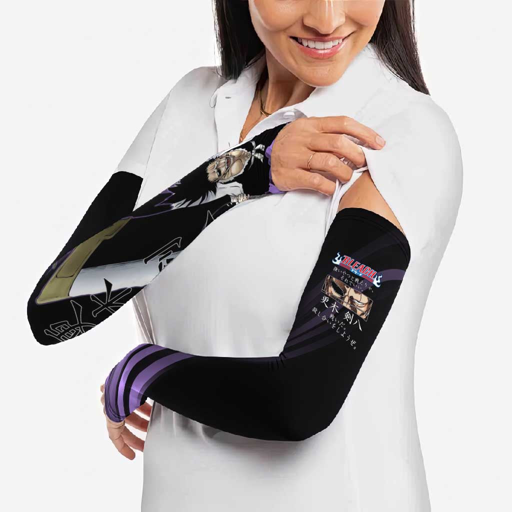 Kenpachi Zaraki Bleach Anime Black and Purple Theme Arm Sleeves with Battle Stance and Japanese Quote Design - The Mazicc