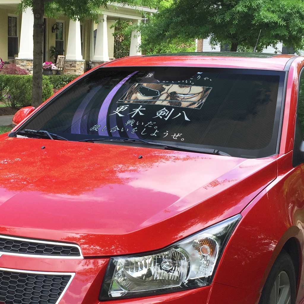 Kenpachi Zaraki Bleach Anime Black and Purple Theme Auto Sun Shade with Battle Stance and Japanese Quote Design - The Mazicc