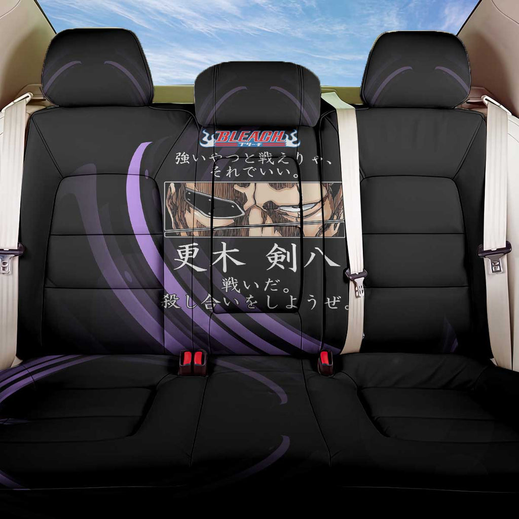 Kenpachi Zaraki Bleach Anime Black and Purple Theme Back Car Seat Cover with Battle Stance and Japanese Quote Design - The Mazicc