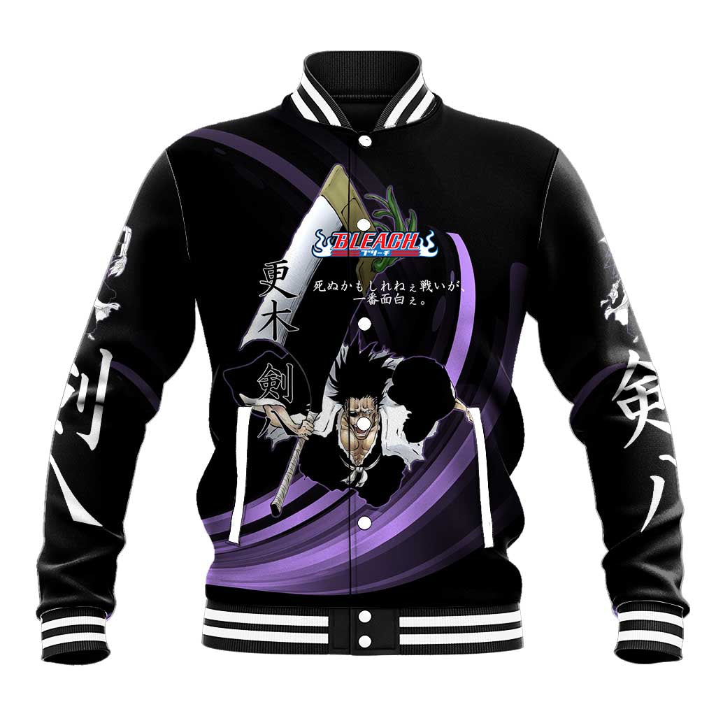 Kenpachi Zaraki Bleach Anime Black and Purple Theme Baseball Jacket with Battle Stance and Japanese Quote Design - The Mazicc
