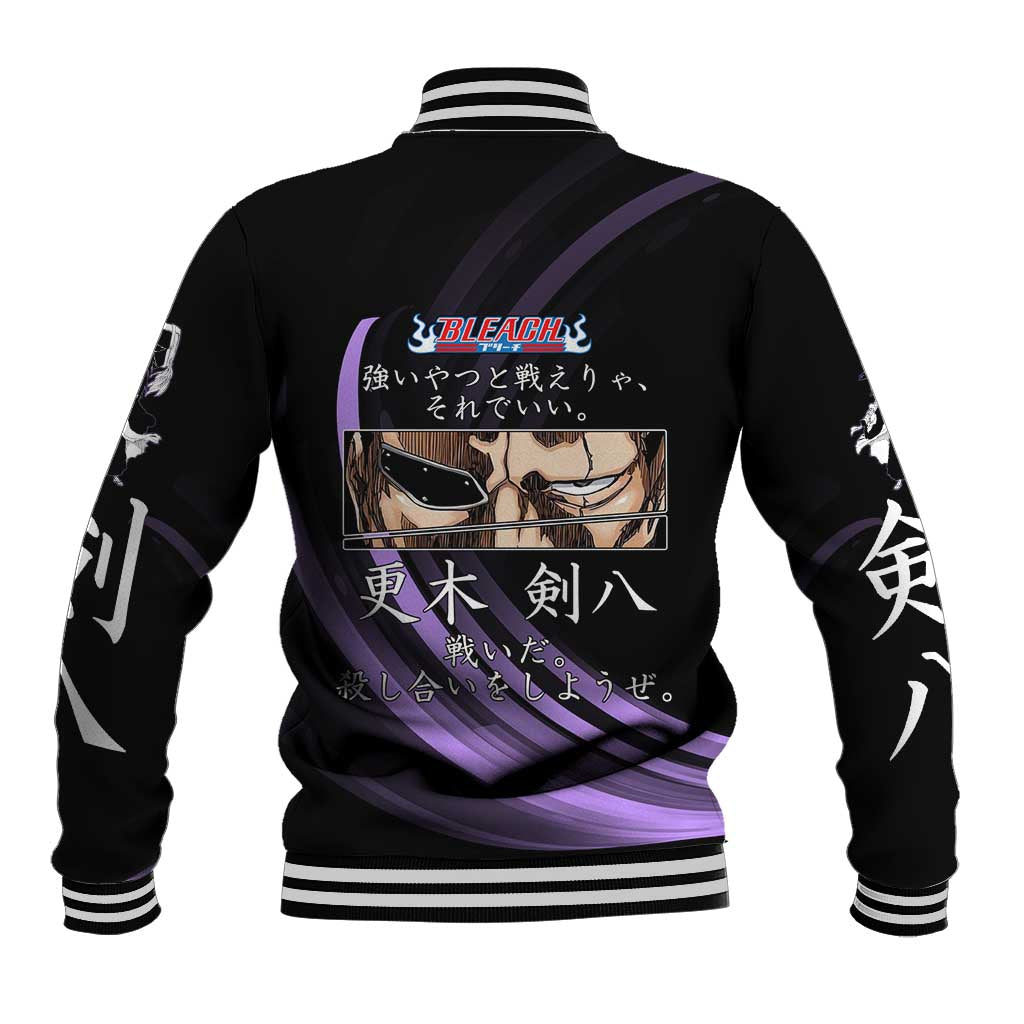 Kenpachi Zaraki Bleach Anime Black and Purple Theme Baseball Jacket with Battle Stance and Japanese Quote Design - The Mazicc