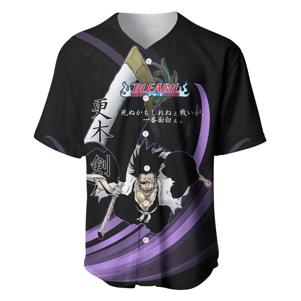 Kenpachi Zaraki Bleach Anime Black and Purple Theme Baseball Jersey with Battle Stance and Japanese Quote Design - The Mazicc