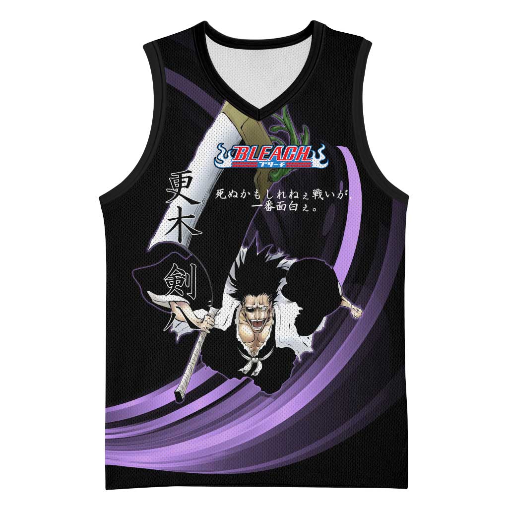Kenpachi Zaraki Bleach Anime Black and Purple Theme Basketball Jersey with Battle Stance and Japanese Quote Design - The Mazicc