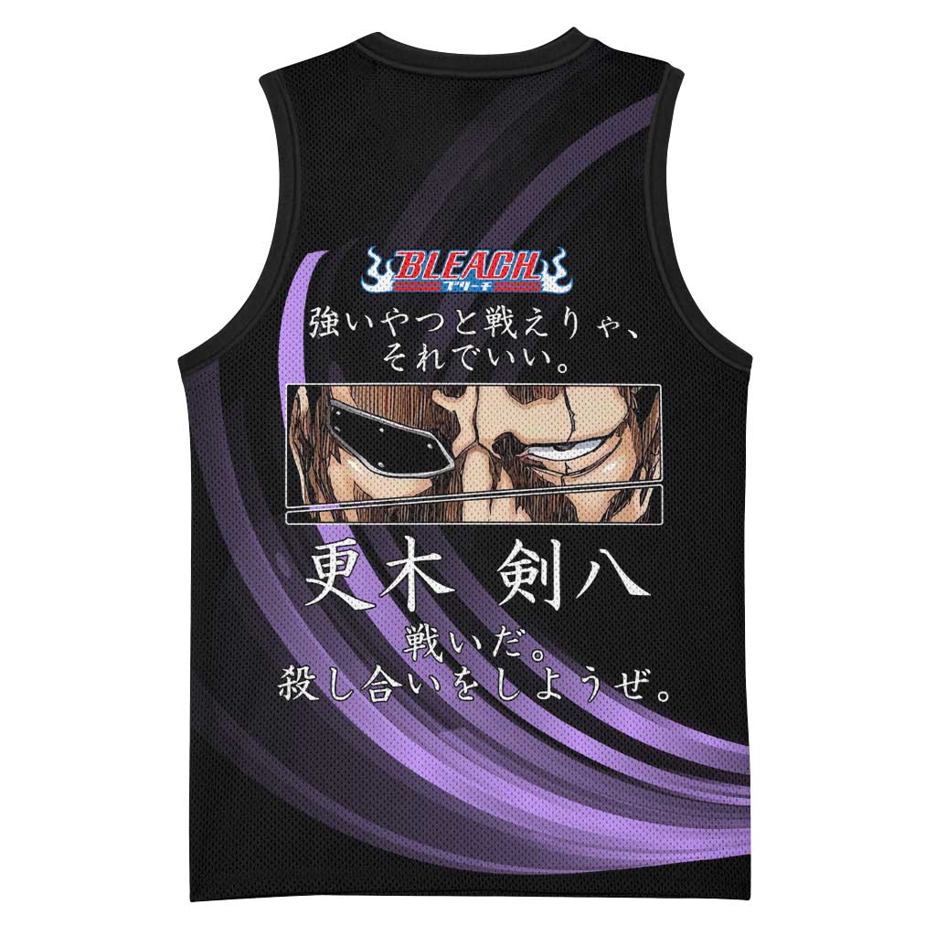 Kenpachi Zaraki Bleach Anime Black and Purple Theme Basketball Jersey with Battle Stance and Japanese Quote Design - The Mazicc