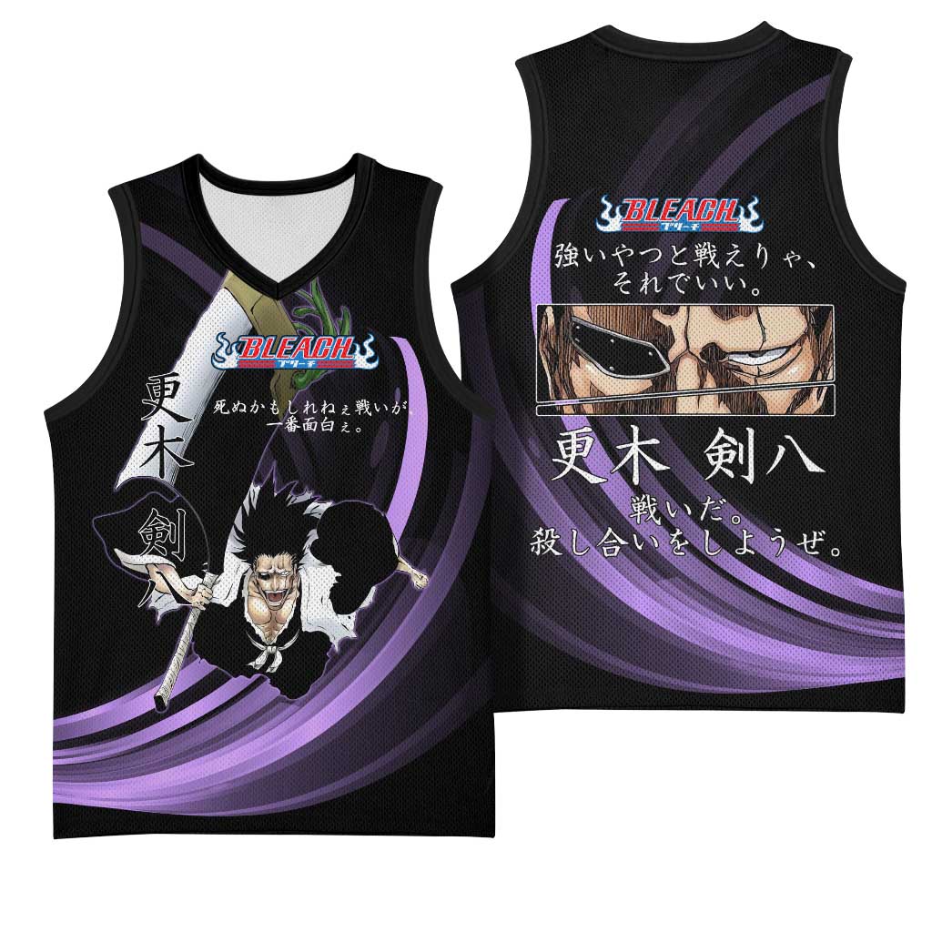 Kenpachi Zaraki Bleach Anime Black and Purple Theme Basketball Jersey with Battle Stance and Japanese Quote Design - The Mazicc