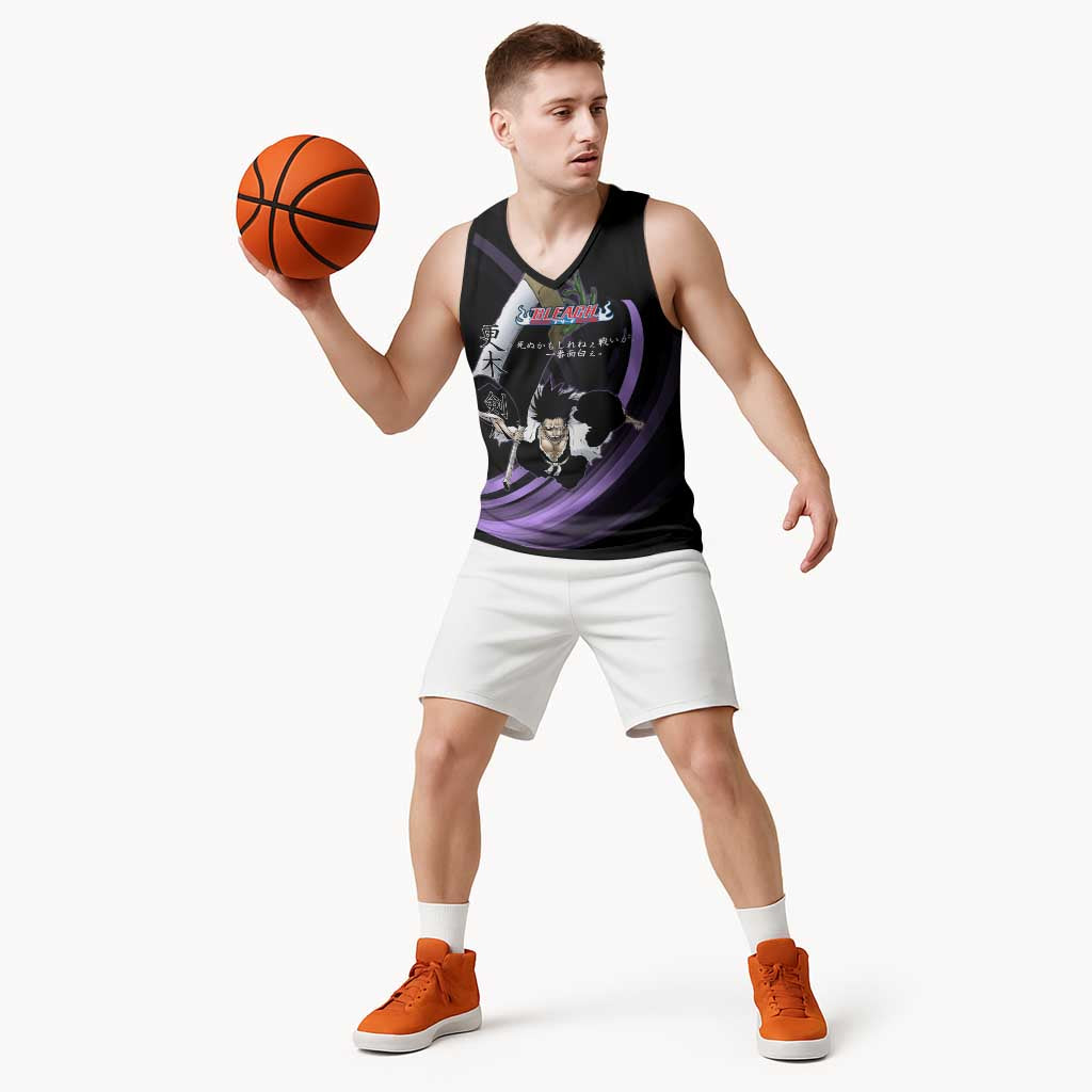 Kenpachi Zaraki Bleach Anime Black and Purple Theme Basketball Jersey with Battle Stance and Japanese Quote Design - The Mazicc