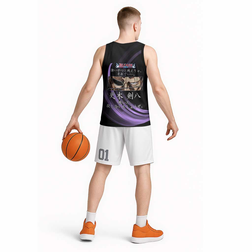Kenpachi Zaraki Bleach Anime Black and Purple Theme Basketball Jersey with Battle Stance and Japanese Quote Design - The Mazicc