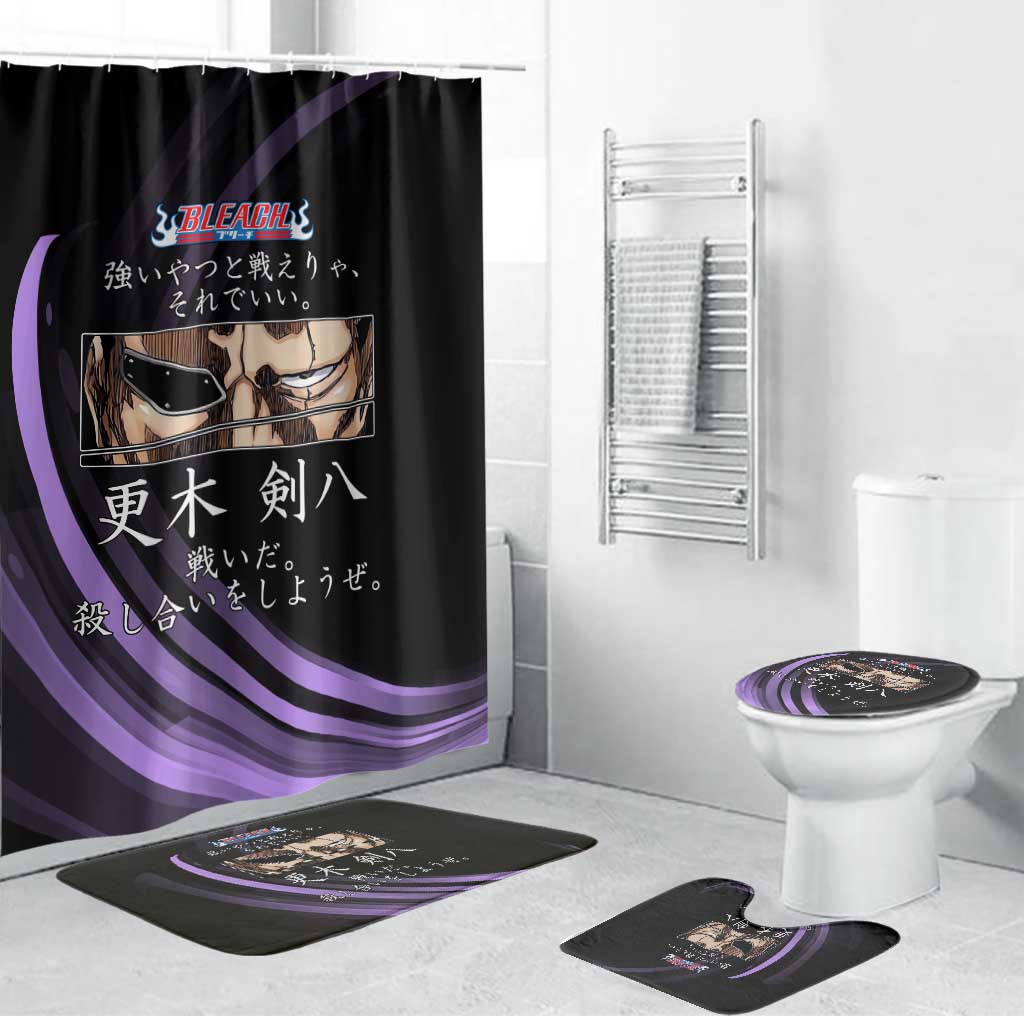 Kenpachi Zaraki Bleach Anime Black and Purple Theme Bathroom Set with Battle Stance and Japanese Quote Design - The Mazicc