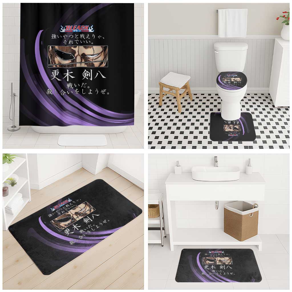 Kenpachi Zaraki Bleach Anime Black and Purple Theme Bathroom Set with Battle Stance and Japanese Quote Design - The Mazicc