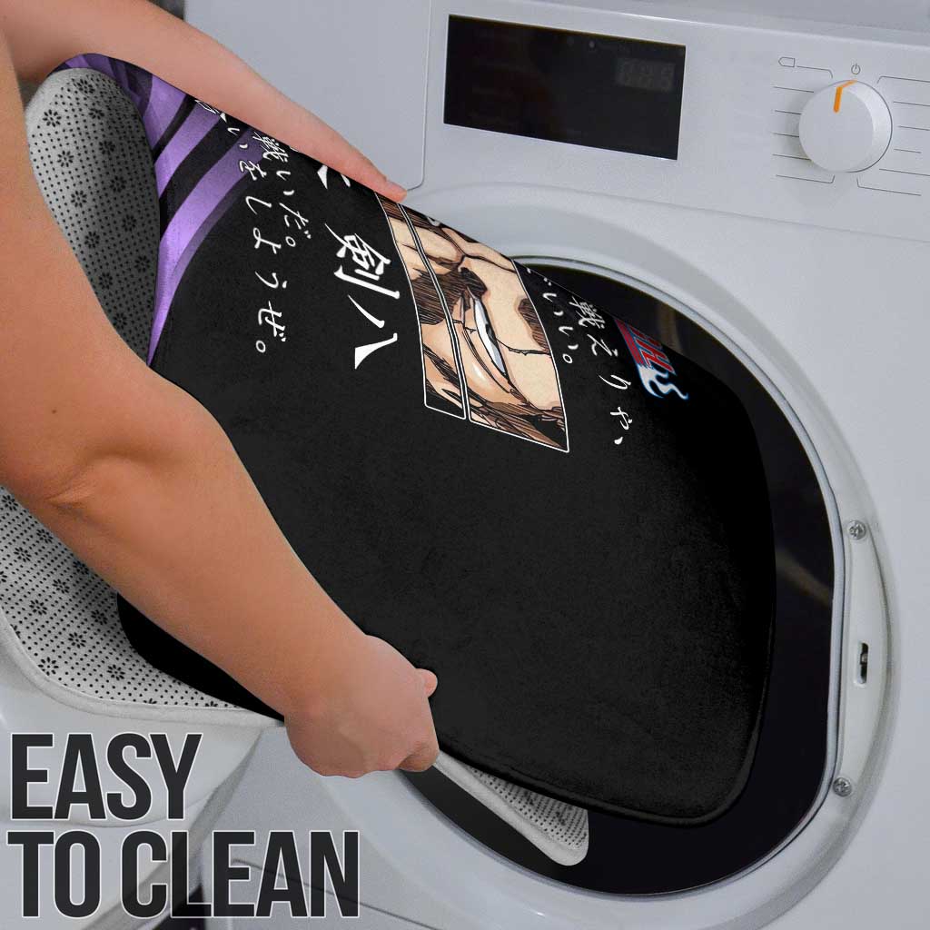 Kenpachi Zaraki Bleach Anime Black and Purple Theme Bathroom Set with Battle Stance and Japanese Quote Design - The Mazicc