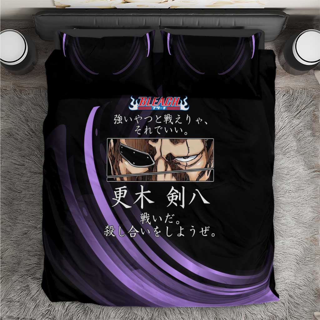 Kenpachi Zaraki Bleach Anime Black and Purple Theme Bedding Set with Battle Stance and Japanese Quote Design - The Mazicc