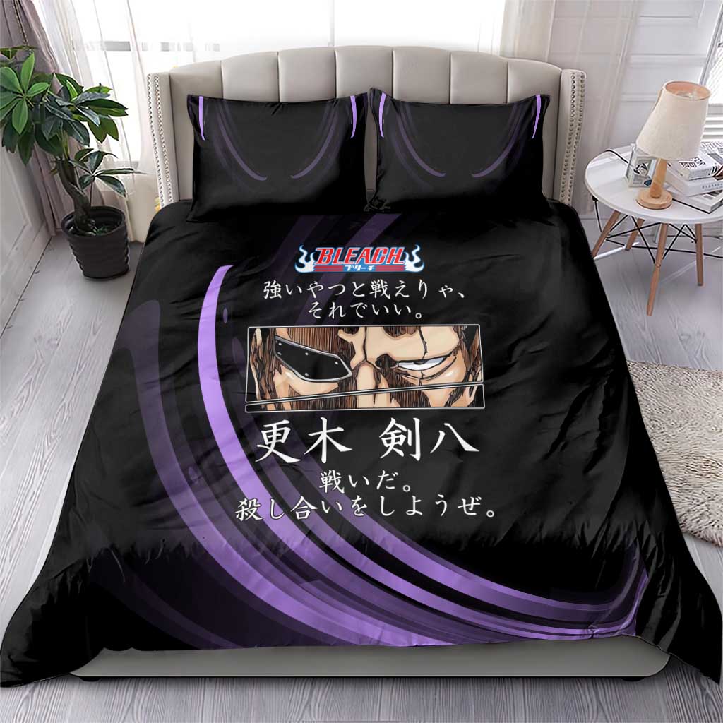 Kenpachi Zaraki Bleach Anime Black and Purple Theme Bedding Set with Battle Stance and Japanese Quote Design - The Mazicc