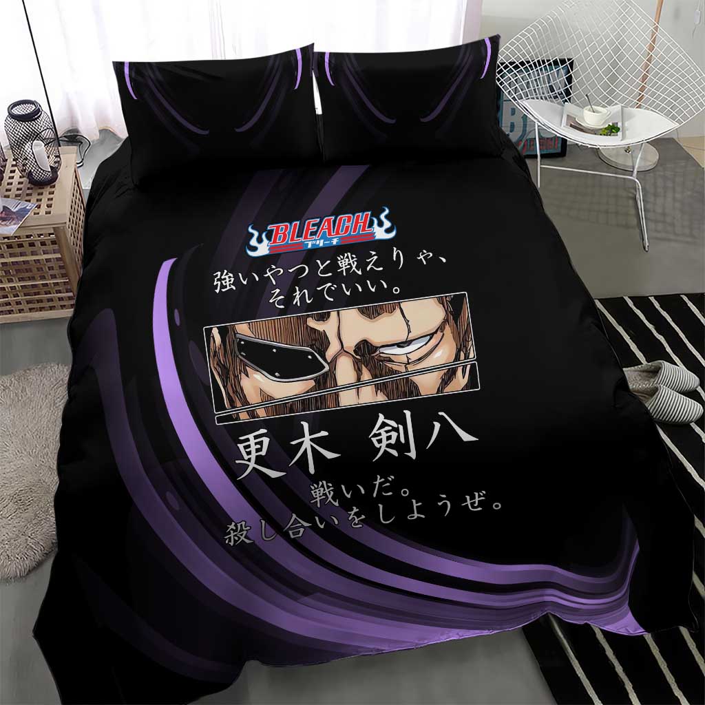 Kenpachi Zaraki Bleach Anime Black and Purple Theme Bedding Set with Battle Stance and Japanese Quote Design - The Mazicc