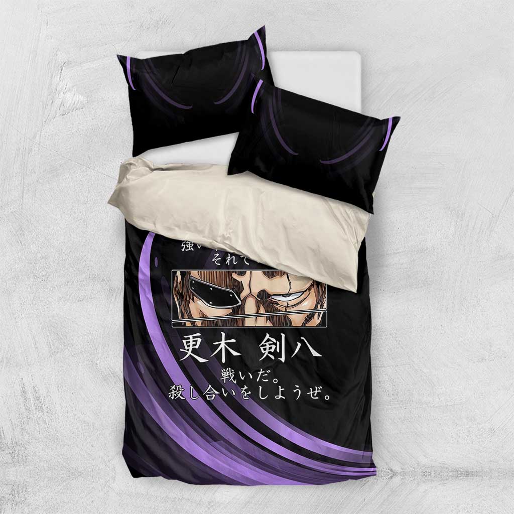 Kenpachi Zaraki Bleach Anime Black and Purple Theme Bedding Set with Battle Stance and Japanese Quote Design - The Mazicc