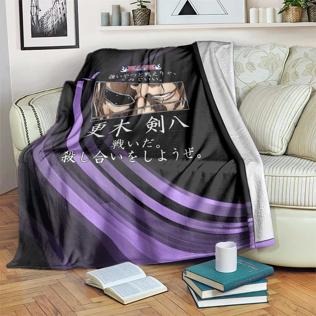 Kenpachi Zaraki Bleach Anime Black and Purple Theme Blanket with Battle Stance and Japanese Quote Design - The Mazicc
