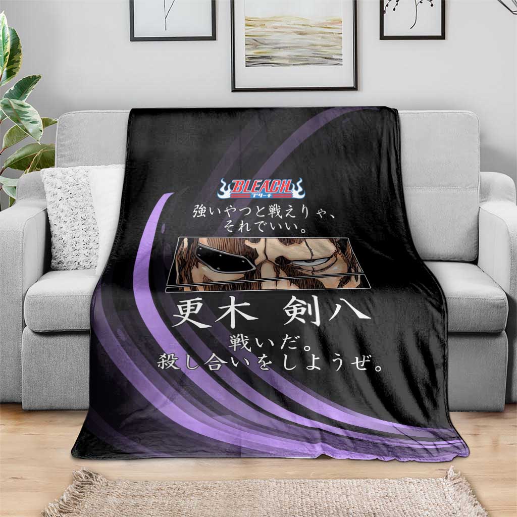 Kenpachi Zaraki Bleach Anime Black and Purple Theme Blanket with Battle Stance and Japanese Quote Design - The Mazicc