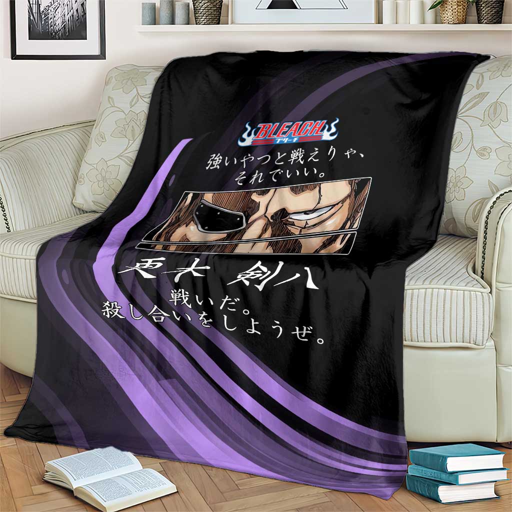 Kenpachi Zaraki Bleach Anime Black and Purple Theme Blanket with Battle Stance and Japanese Quote Design - The Mazicc